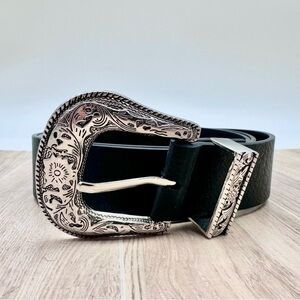 Western Black Faux Leather Belt Silver Toned Boho Engraved Buckle XL 41”-45”